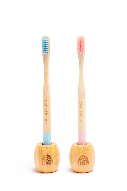 Pair of Bamboo Toothbrush + Holder Set